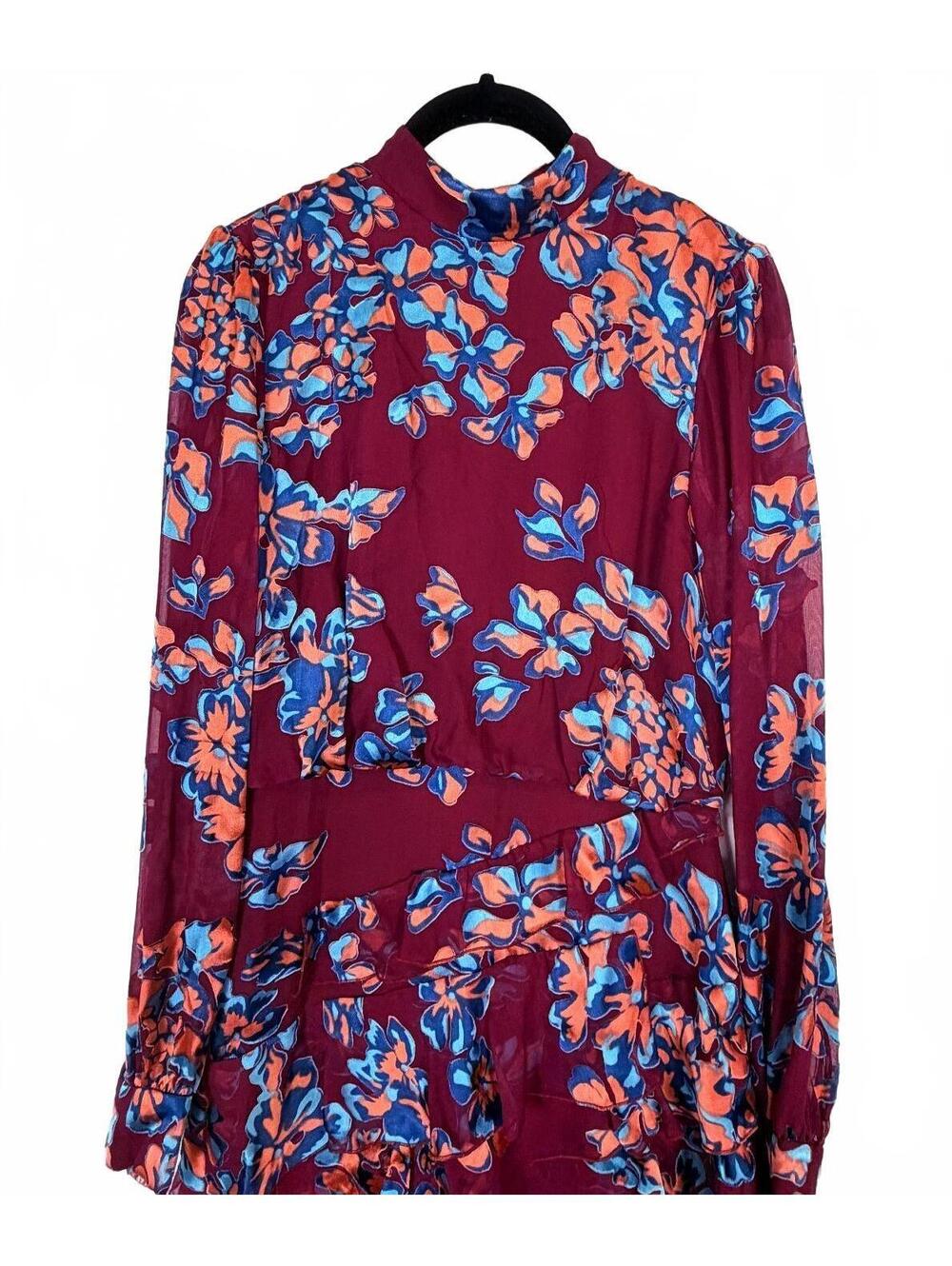Saloni Isa‎ Ruffled Floral Silk Devore Chiffon Midi Dress Burgundy Blue Size 2